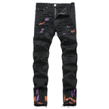 purple orange stitched black denim jeans