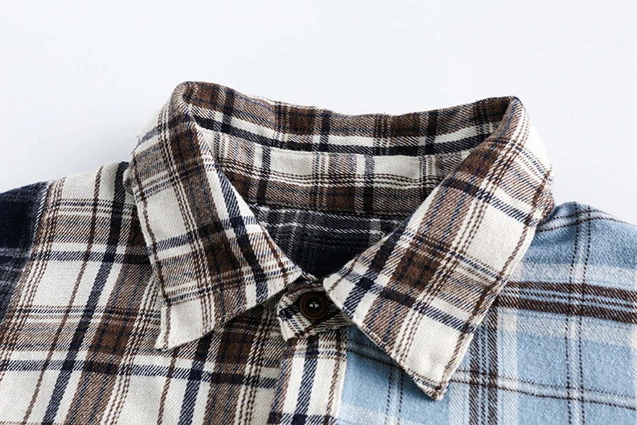 blue yellow color block flannel shirt