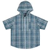 Sea Blue Button-Up Hooded Plaid Shirt