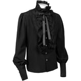 Victorian High-Neck Lace Jabot Blouse with Ruffle Collar