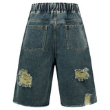 Ripped Denim Wide Leg Jeans Shorts