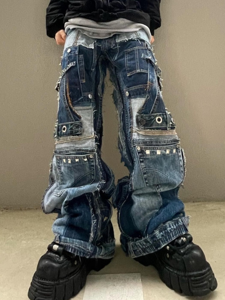 denim wide-leg casual patchwork python pants | wide... Wide Leg Denim Patchwork Pants – limetliss