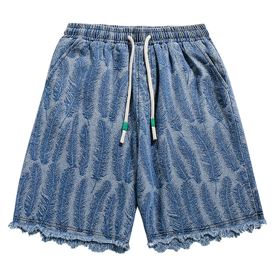 Feather Embroidered Denim Shorts