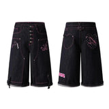 Note Embroidery Button-up Denim Shorts