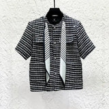 Tweed Short Sleeve Jacket With Stripe Scarf