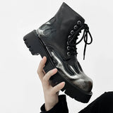 Fire Flame Leather Combat Ankle Boots