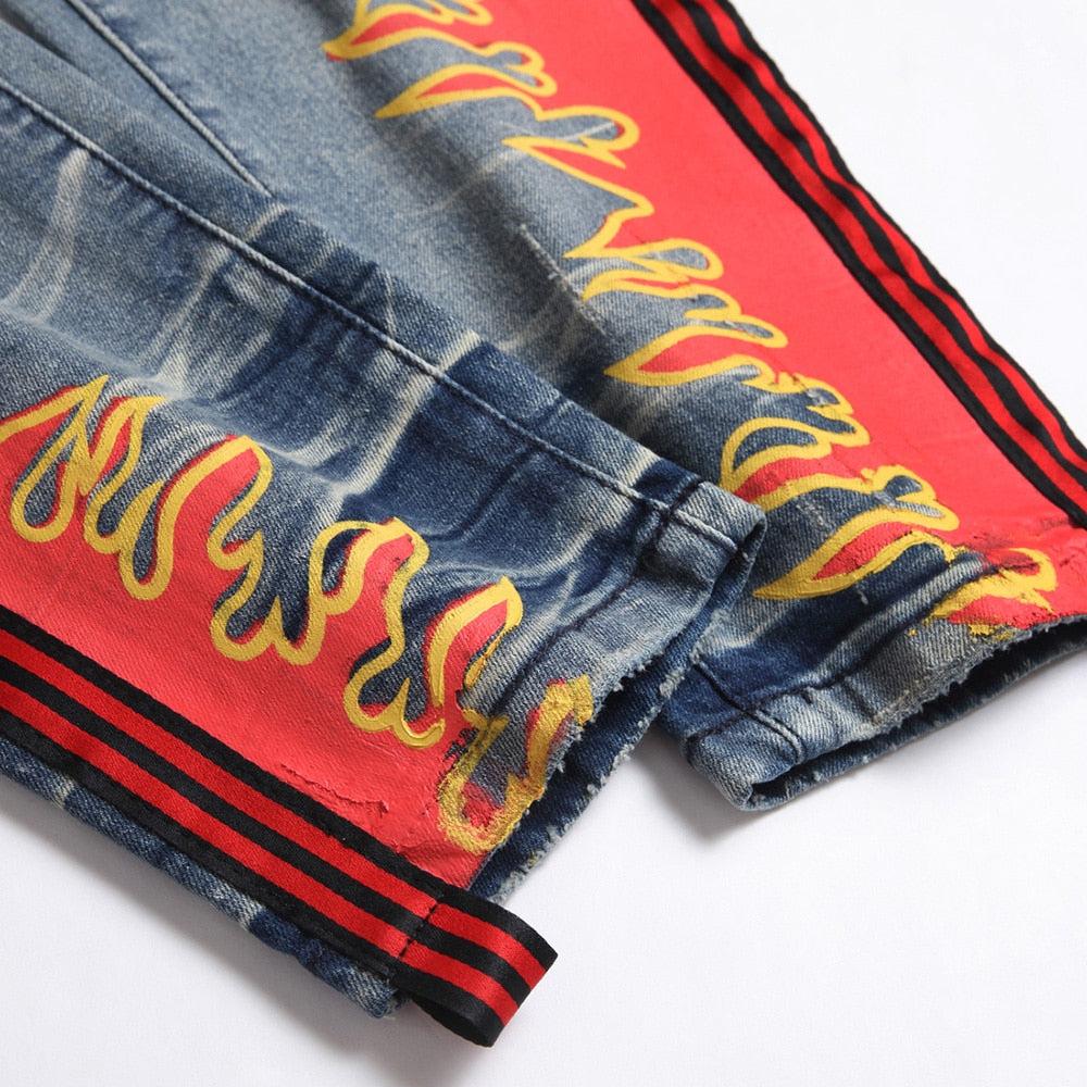 Flame Side Stripe Distressed Denim Jeans