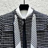 Tweed Short Sleeve Jacket With Stripe Scarf