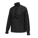 Victorian High-Neck Ruffle Blouse w/ Jabot+Brooch