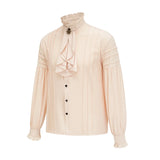 Victorian High-Neck Ruffle Blouse w/ Jabot+Brooch