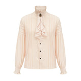 Victorian High-Neck Ruffle Blouse w/ Jabot+Brooch