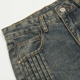 Side Pleated Vintage Blue Straight Denim Jeans