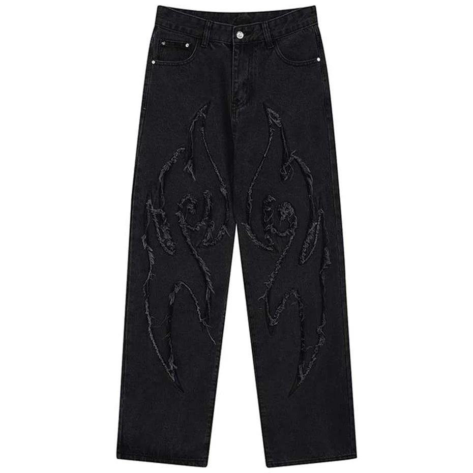 Fire Embroidery Loose Denim Jeans