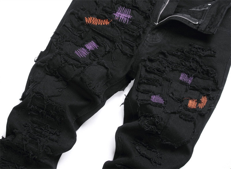 purple orange stitched black denim jeans
