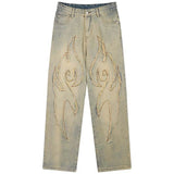 Fire Embroidery Loose Denim Jeans