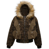 Camouflage Fur Collar Hooded Bomber Jacket