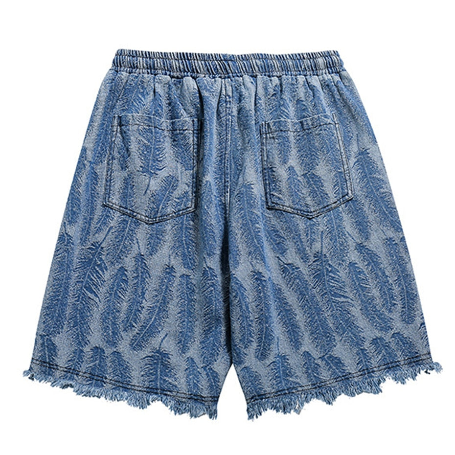 Feather Embroidered Denim Shorts