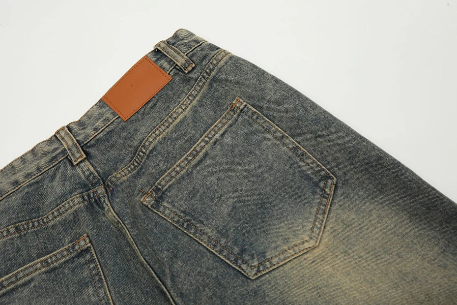 Side Pleated Vintage Blue Straight Denim Jeans