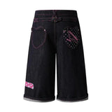Note Embroidery Button-up Denim Shorts