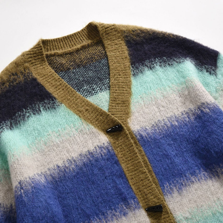 Mohair Striped Knitted Sweater Cardigan