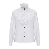 Victorian High-Neck Ruffle Blouse w/ Jabot+Brooch
