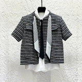 Tweed Short Sleeve Jacket With Stripe Scarf