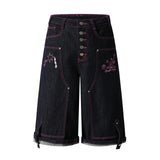 Note Embroidery Button-up Denim Shorts