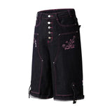 Note Embroidery Button-up Denim Shorts
