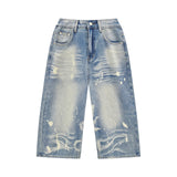 Splatter-paint Loose-fit Cropped Jean Shorts