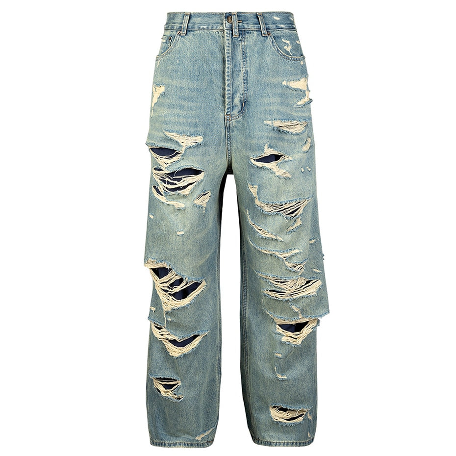 Distressed Double Layer Baggy Ripped Jeans