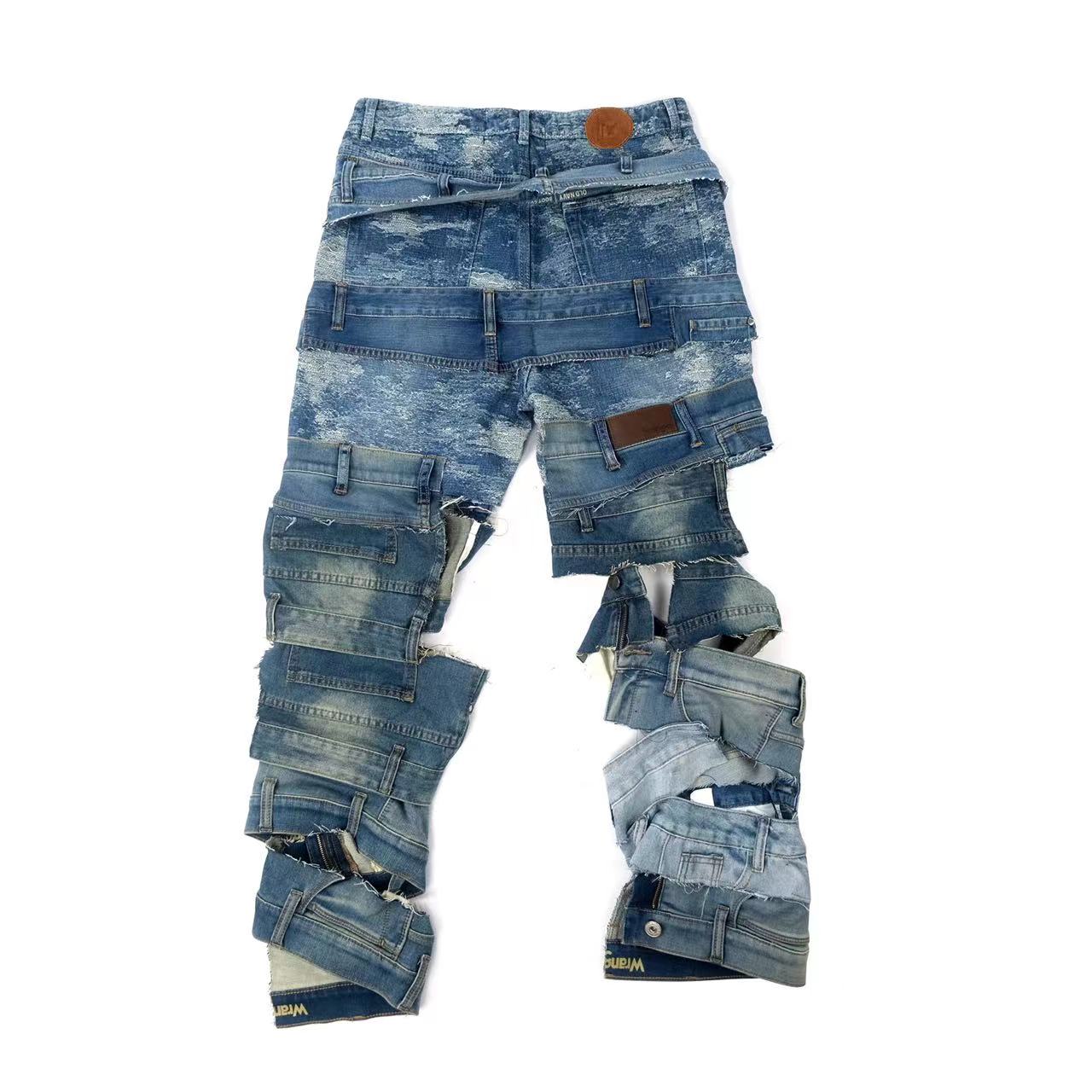 Detached Layered Denim Handmade Patched Jeans