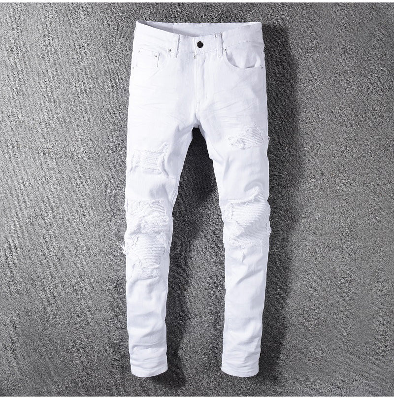 super white stretch ripped biker jeans