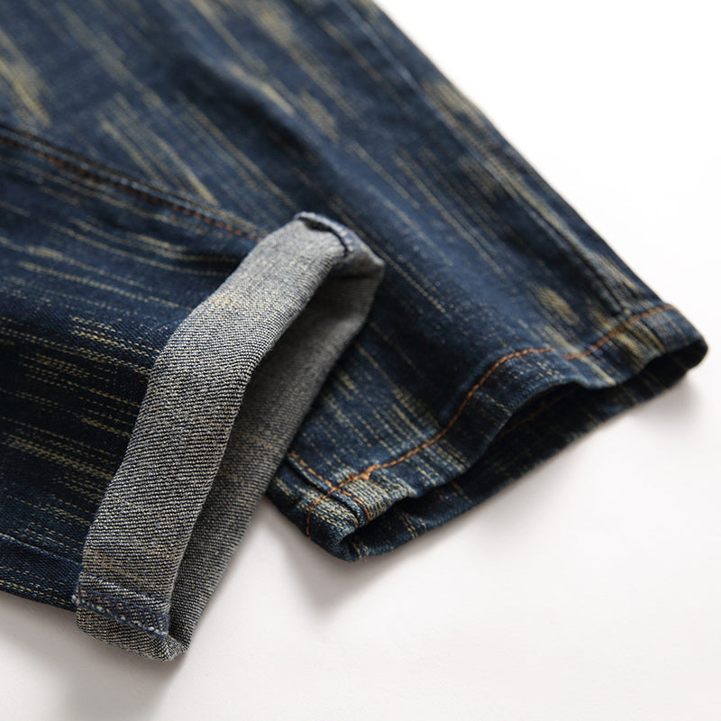 dark faint blue stretch denim biker jeans