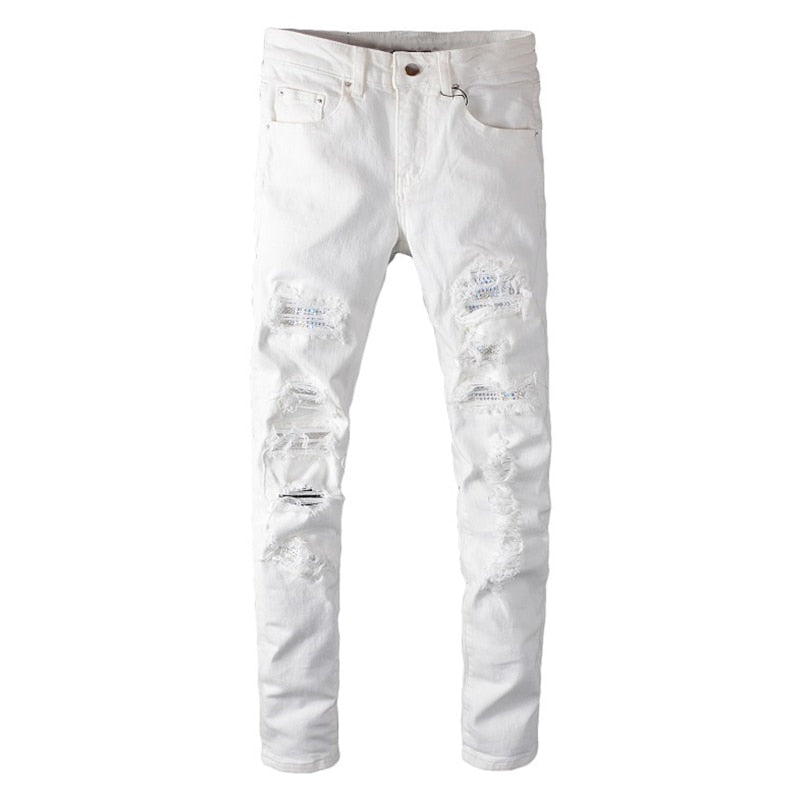 white crystal holes ripped jeans
