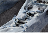 blue denim black crystal ripped jeans