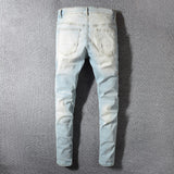 light blue pink bandanna paisley biker jeans