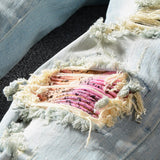light blue pink bandanna paisley biker jeans