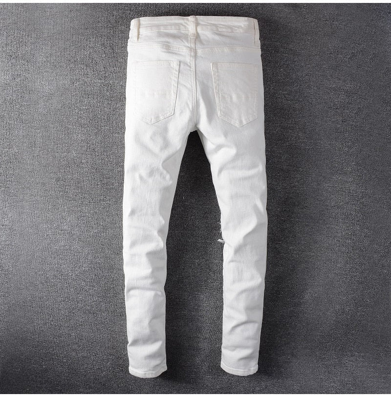white crystal holes ripped jeans