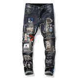 embroidered patchwork ripped stretch denim jeans