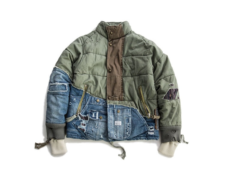 Olive Bubble Padded Patched Denim Jacket